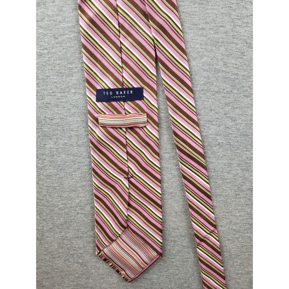TED BAKER LONDON Pink Lime White Diagonal stripe Silk USA Handmade Necktie‎ Tie
